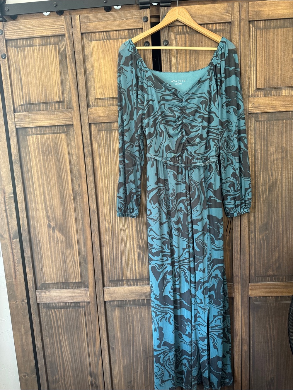 Ava & Viv Teal and Black Long Sleeve Printed Maxi Dress